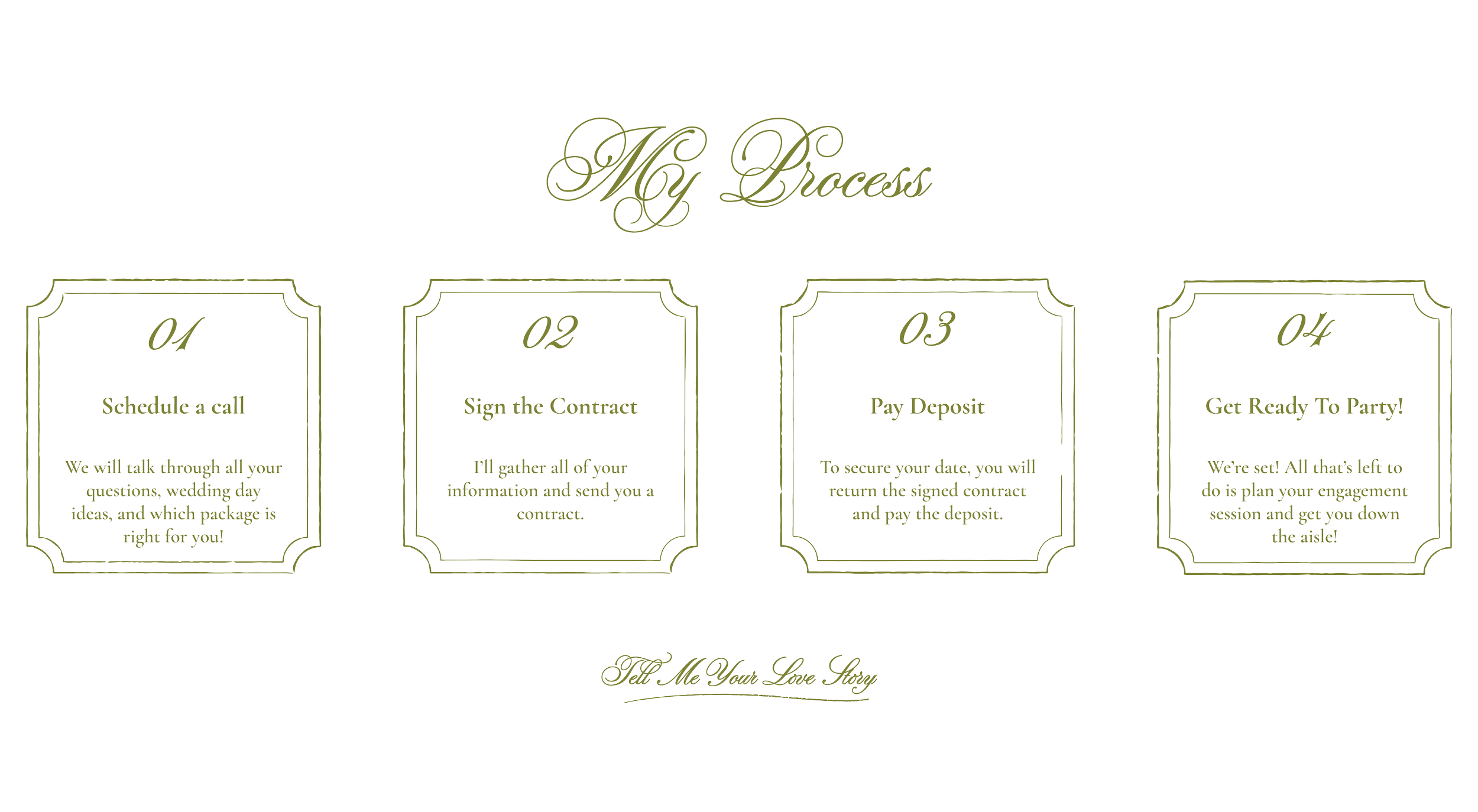 Four steps of a wedding planning process: 1. Schedule a call, 2. Sign the contract, 3. Pay deposit, 4. Get ready to party, with decorative text and elegant borders.