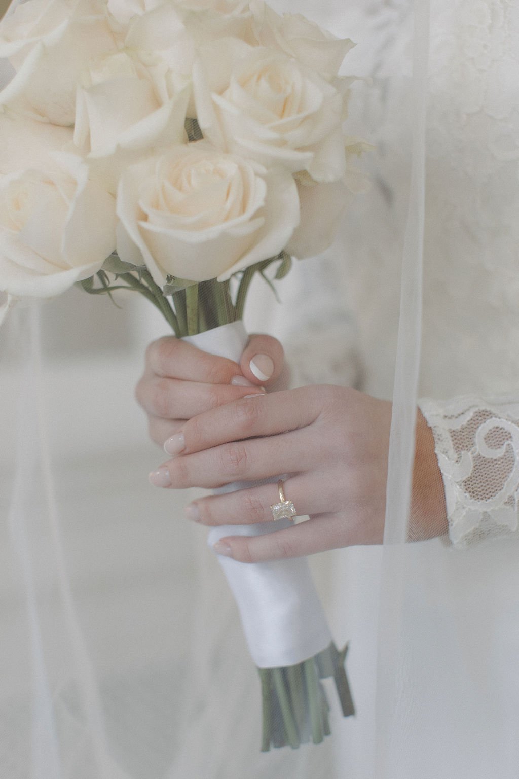A close-up of a woman's hand holding a bouquet of cream-colored roses, with a wedding ring visible on her ring finger, and lace details on her sleeve.