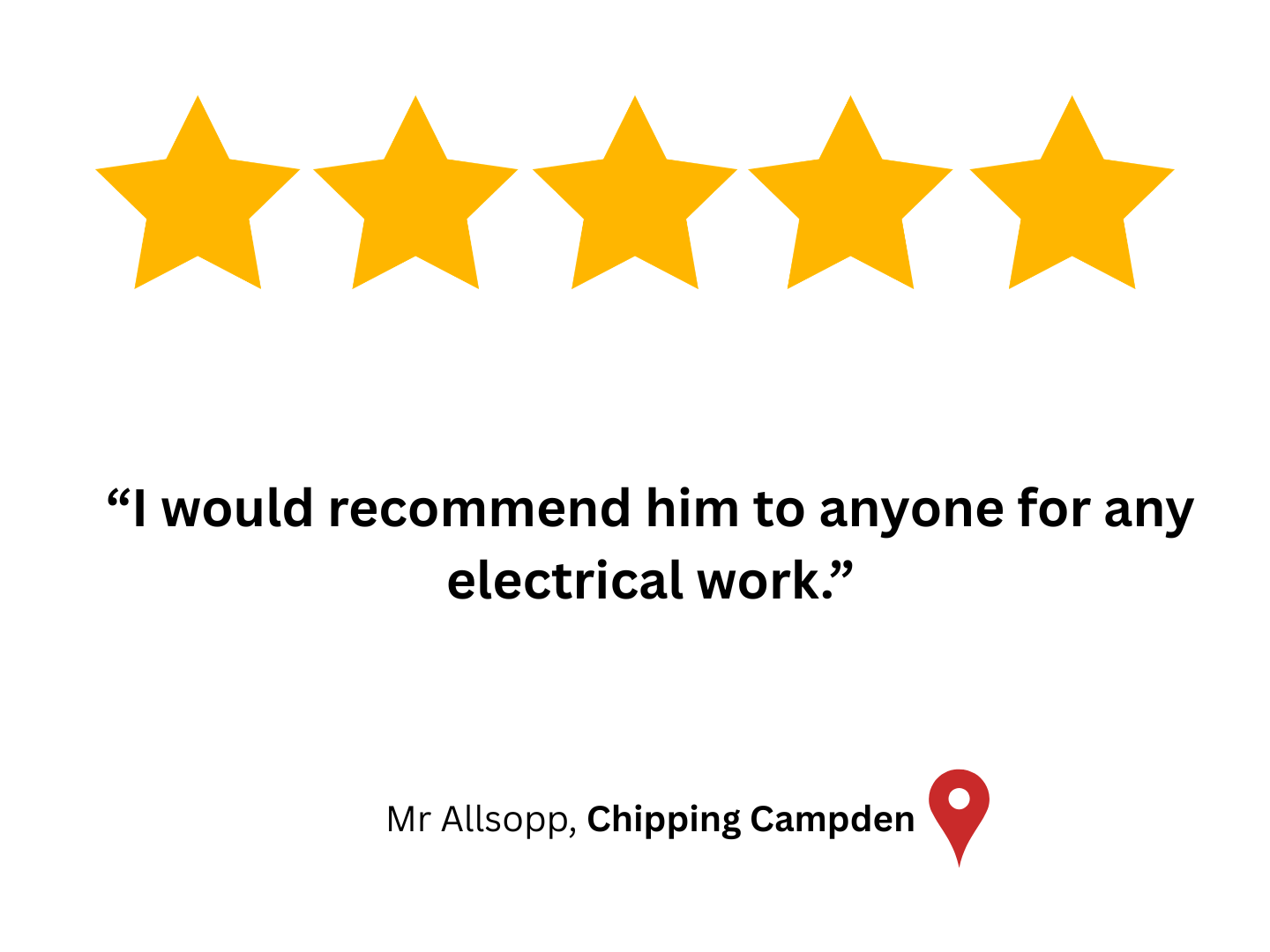 Five Star Google customer review "I would recommend him to anyone for any electrical work.' by Mr. Allsopp in Chipping Campden