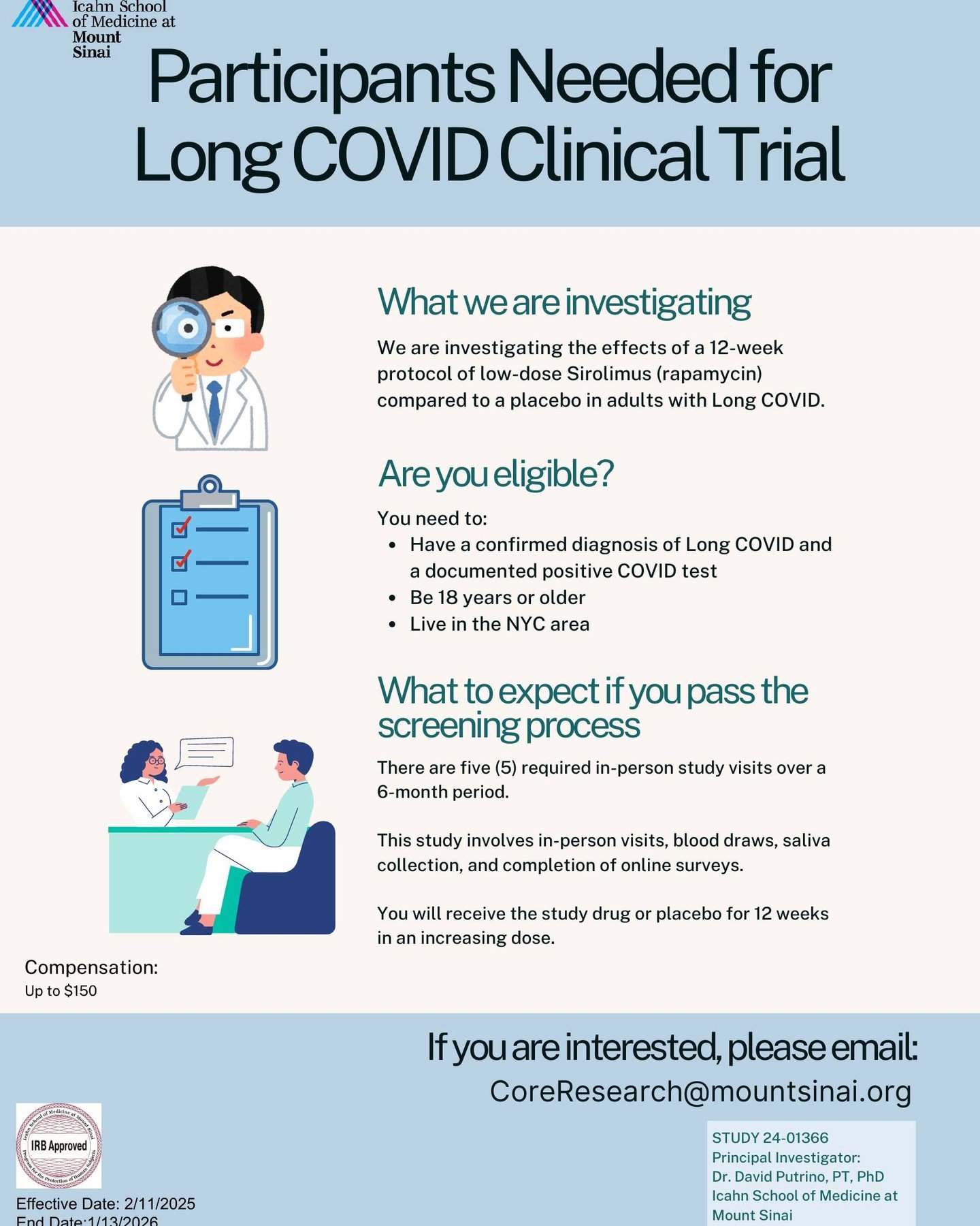 Participate in a clinical trial evaluating sirolimus for adults with Long COVID. This study requires several in-person visits in NYC over six months. Inquire at CoreResearch@MountSinai.org. Please share!