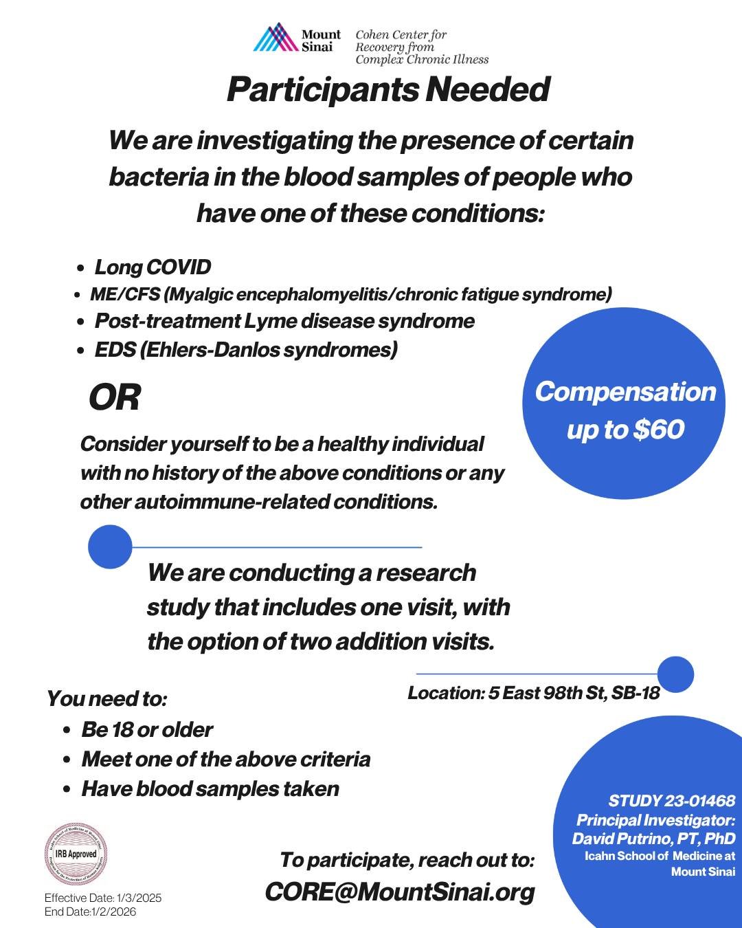 Our study examinies the role of tick-borne pathogens in individuals with Long COVID, ME/CFS, and related conditions. In-person participation in NYC is required for blood draws. Email CoreResearch@MountSinai.org for eligibility details.
