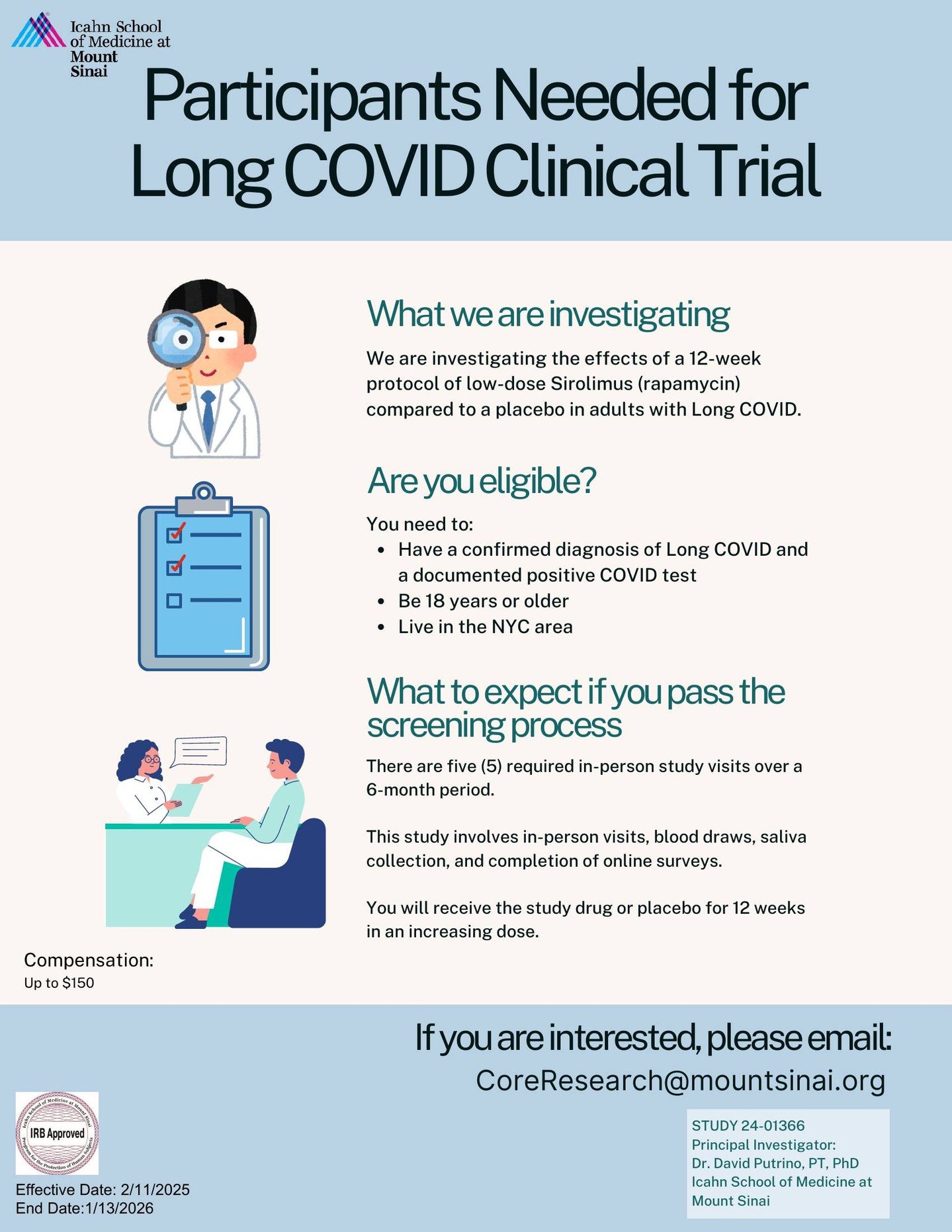 Participate in research assessing the impact of sirolimus on symptom relief in Long COVID patients. For inquiries, contact CoreResearch@MountSinai.org.