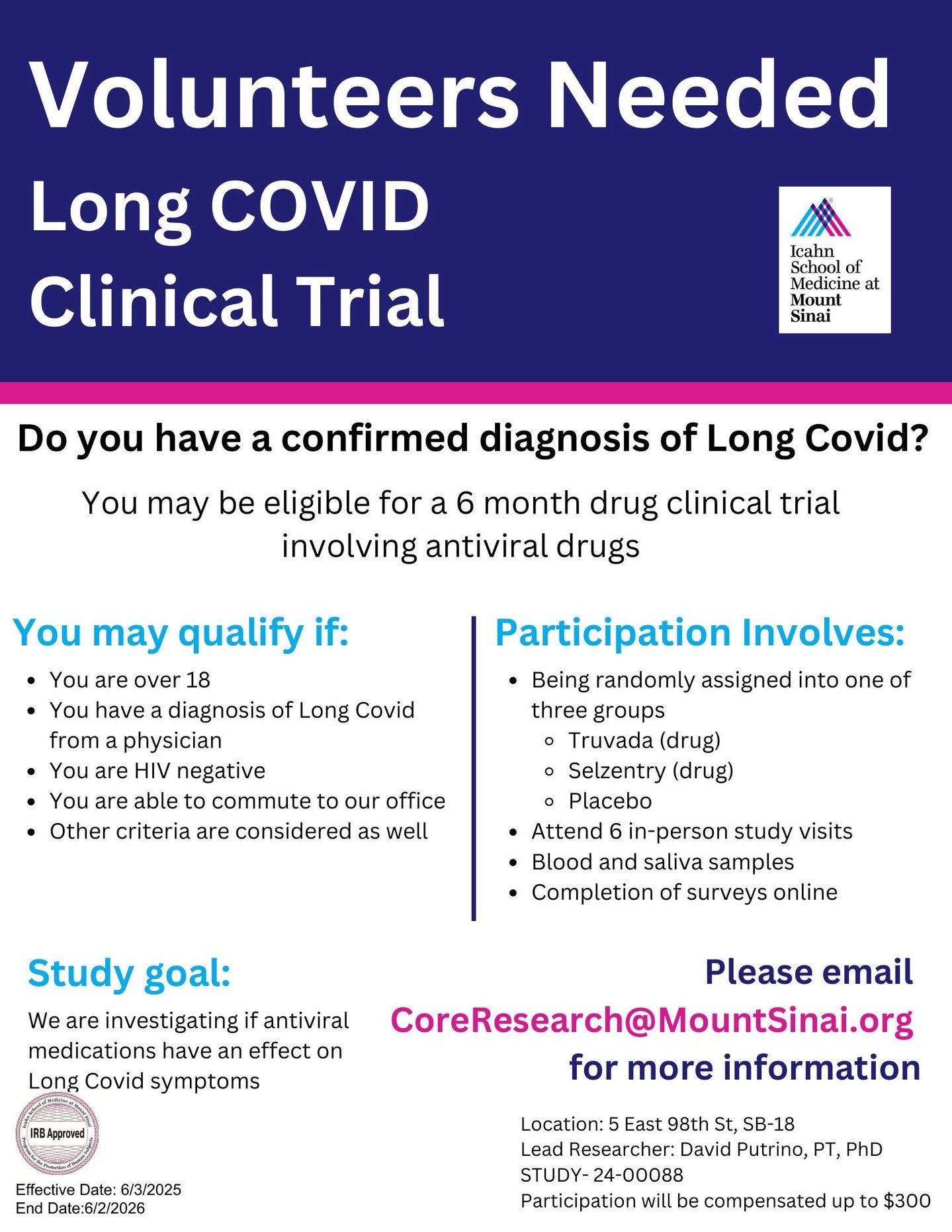 Help advance research on Long COVID by participating in a trial utilizing Truvada and Miraviroc. Interested individuals can inquire at CoreResearch@MountSinai.org.
