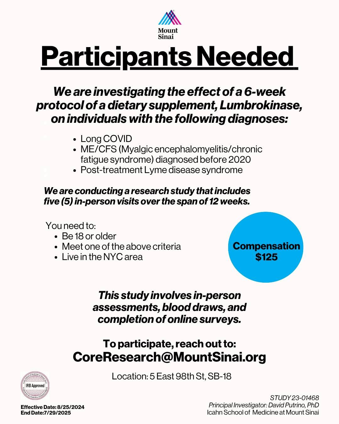 Help us evaluate the impact of Lumbrokinase on chronic illness symptoms in a clinical trial. For details, email CoreResearch@MountSinai.org.