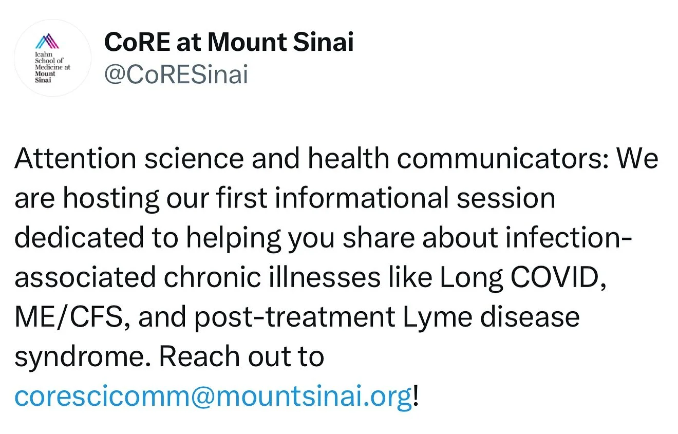 Attention science and health communicators: We are hosting our first informational session dedicated to helping you share about infection-associated chronic illnesses like Long COVID, ME/CFS, and post-treatment Lyme disease syndrome. Reach out to cor