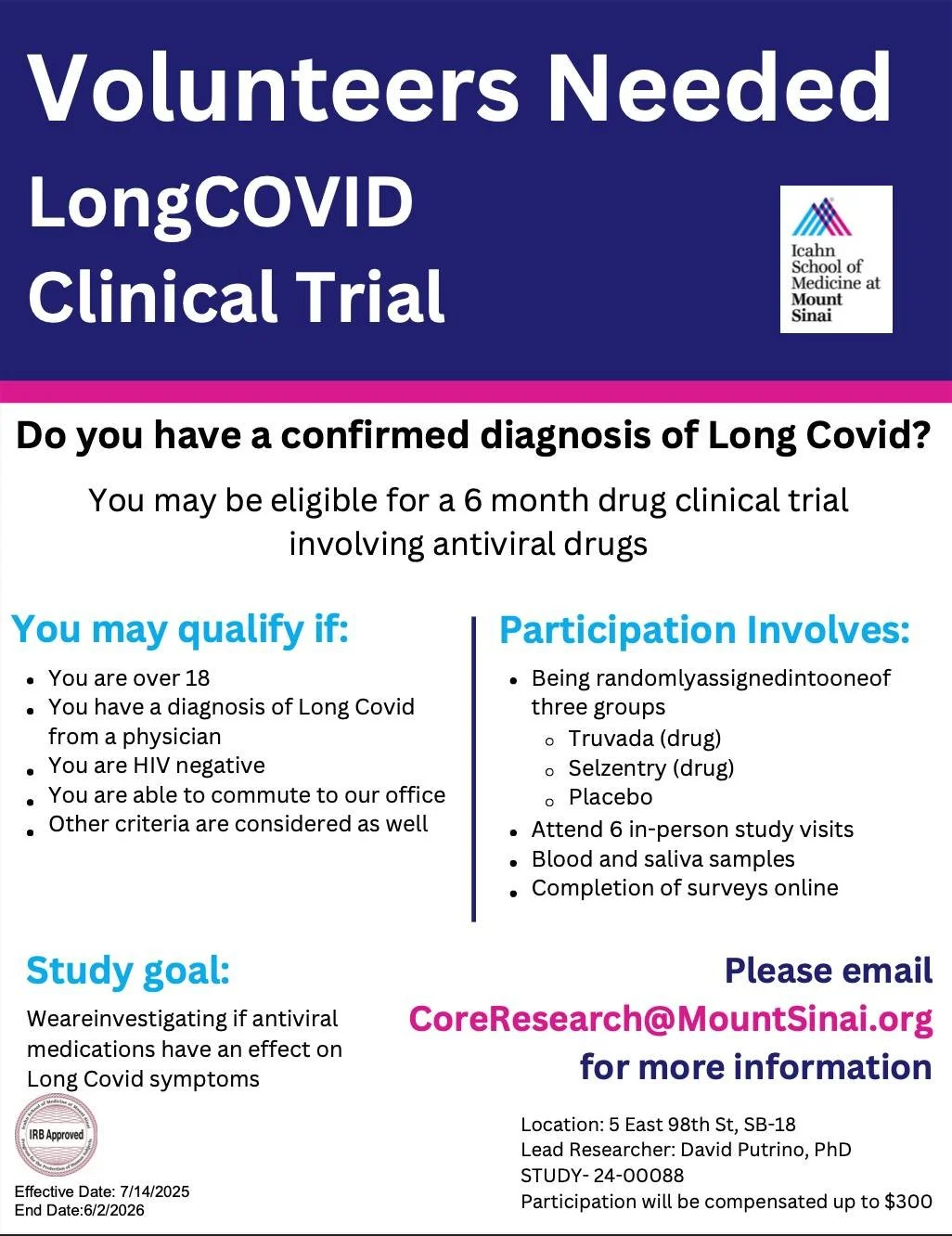 Do you have a confirmed diagnosis of #LongCOVID? You may be eligible for a 6-month clinical trial investigating if the #antiviral drugs #truvada and #selzentry have an effect on Long COVID symptoms. Persons over 18 who are able to commute to our offi