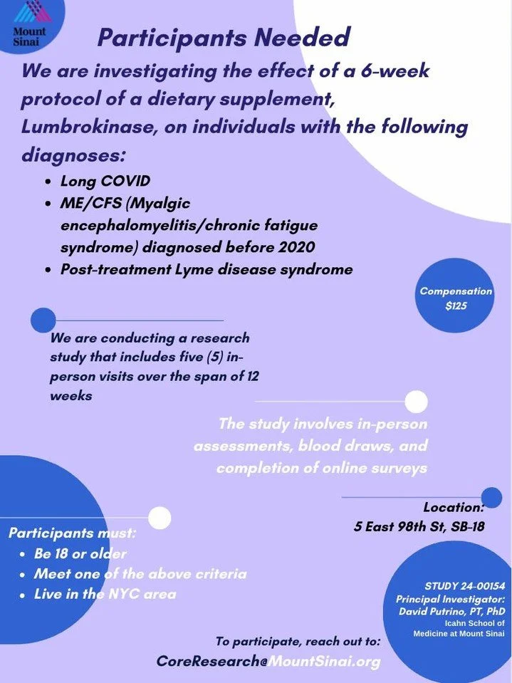 Have you been diagnosed with #MECFS (pre-2020), #LongCOVID, or post-treatment Lyme disease syndrome (#chronicLyme)? Are you a #NYC resident able to commute to our office for 5 in-person visits? You may be eligible for a clinical trial researching the