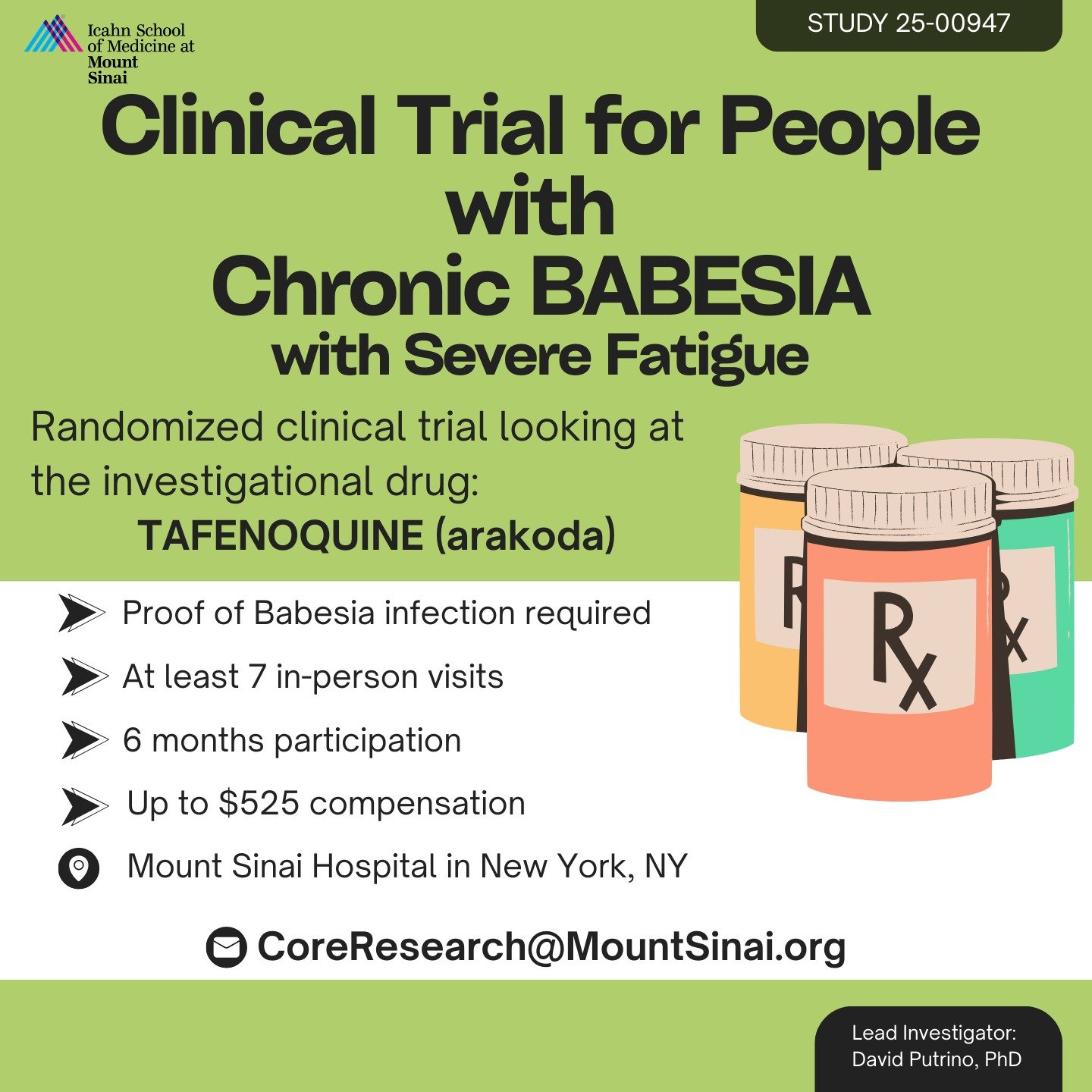 Exciting news for #NYC-area folks with chronic #babesia and severe #fatigue -- we are launching a clinical trial of tafenoquine (arakoda) at CoRE in New York City. #ChronicLyme &amp; #MECFS patients with no current diagnosis of babesia, this is your 