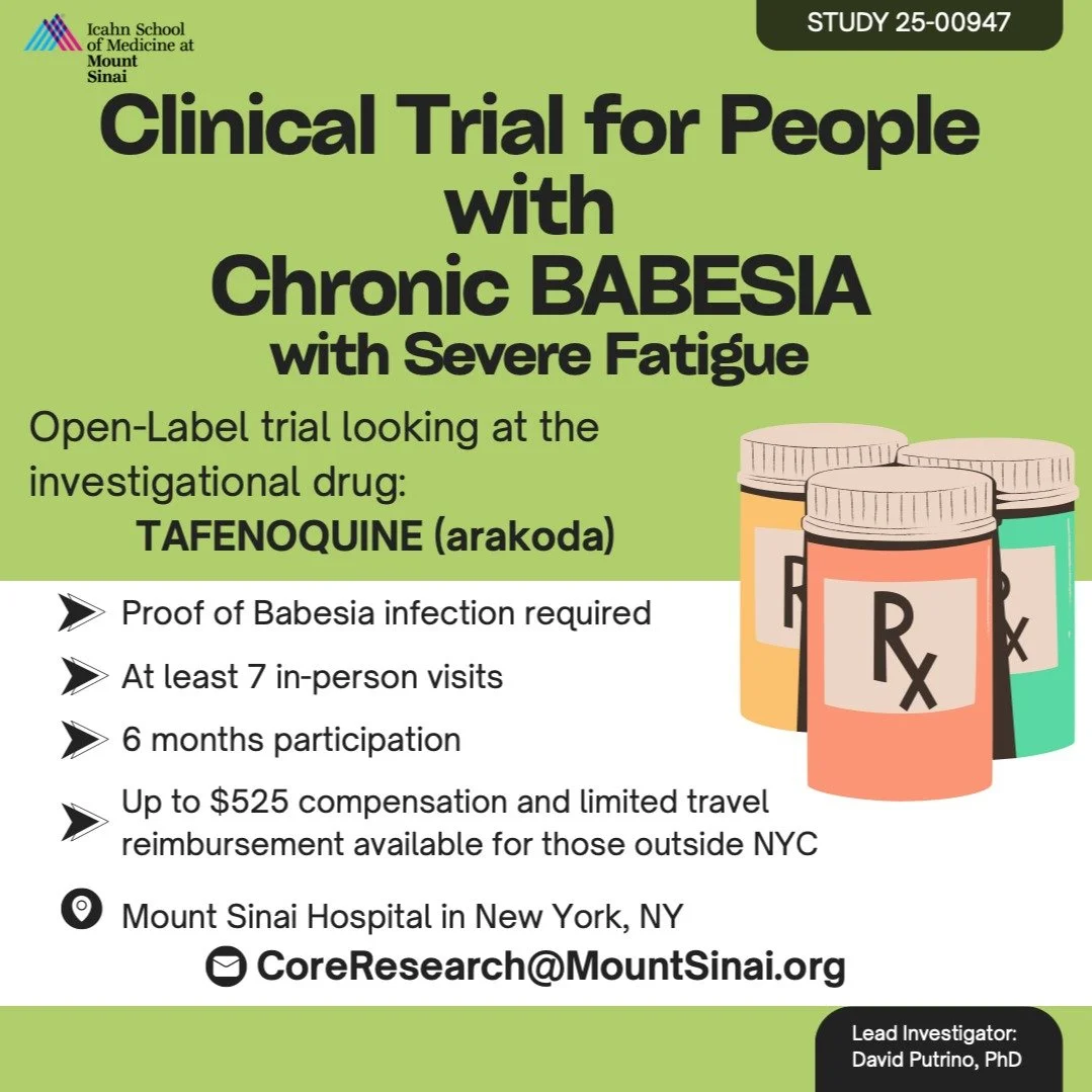 Exciting news for #NYC-area folks with chronic #babesia and severe #fatigue -- we are launching a clinical trial of tafenoquine (arakoda) at CoRE in New York City. #ChronicLyme &amp; #MECFS patients with no current diagnosis of babesia, this is your 
