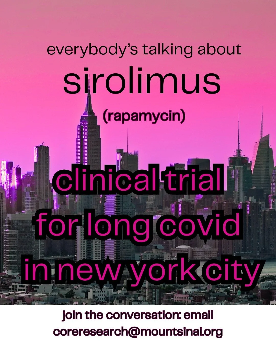 Adults with Long COVID in or near New York City are invited to join a six-month clinical trial for sirolimus (rapamycin)! The trial involves five in-person study visits and up to $150 in compensation, plus limited financial support for transportation