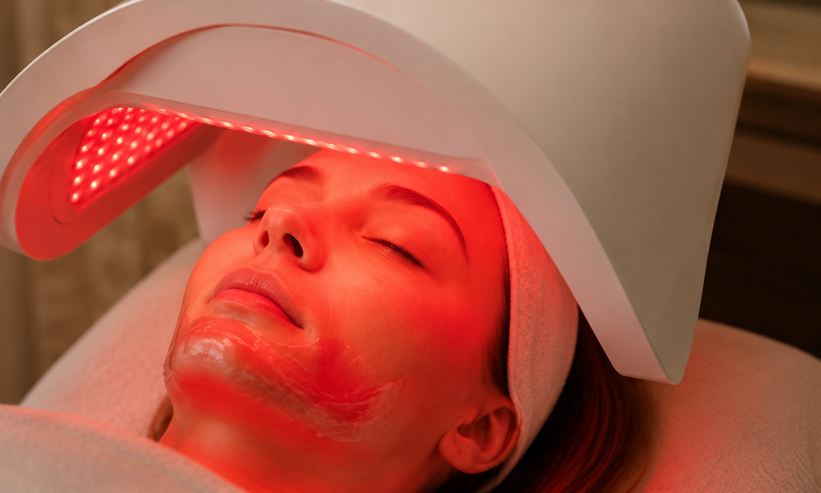 A woman receiving a celluma red light therapy enhancement