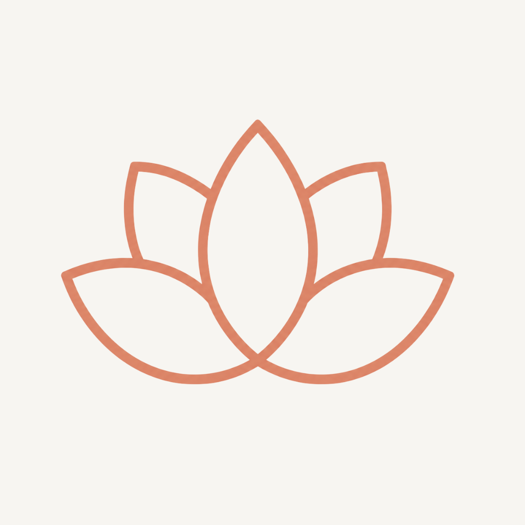 Minimalist line drawing of a lotus flower in rose gold on a light background.