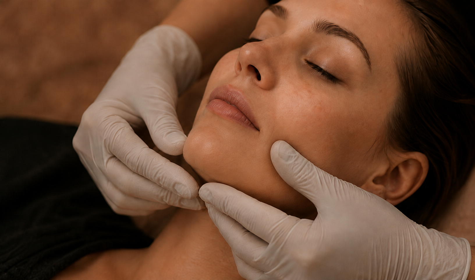 A woman receiving a buccal intraoral massage treatment from a professional wearing gloves, her eyes closed, and a relaxed expression.