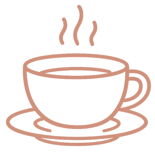 Line drawing of a steaming cup of coffee on a saucer.