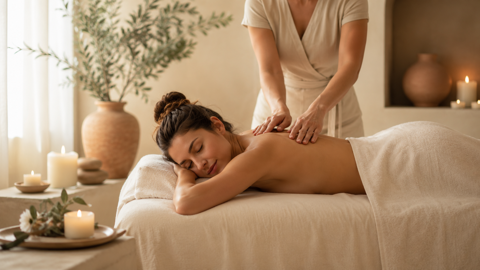 A woman receiving therapeutic bodywork in a spa room with candles and vases for decoration.