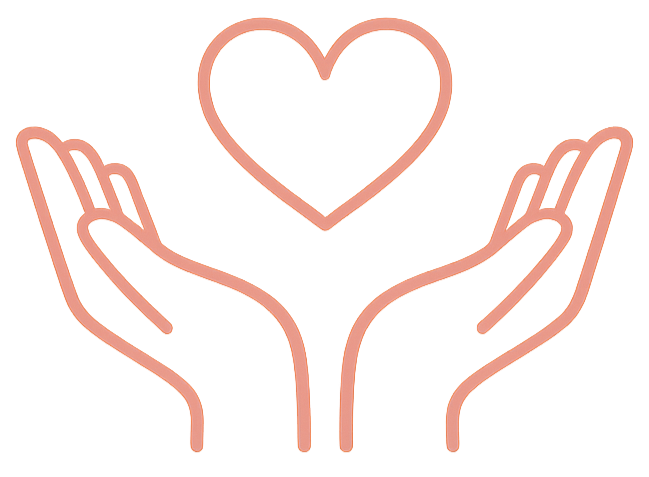 Outline drawing of two hands holding a heart.