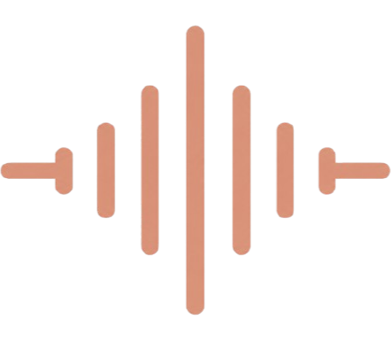 Stylized sound wave icon with vertical lines of varying height in a peach color on a black background.