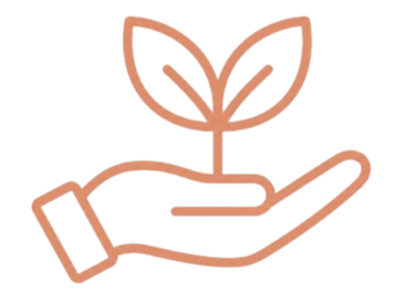 Outline of a hand holding a small plant with two leaves.