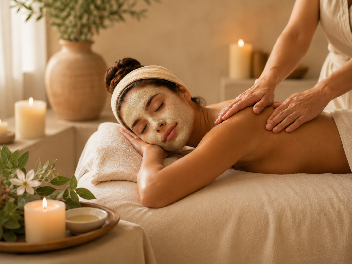 A woman lying on a massage table with a botanical facial mask, receiving a therapeutic bodywork massage in a spa room with candles and plants.
