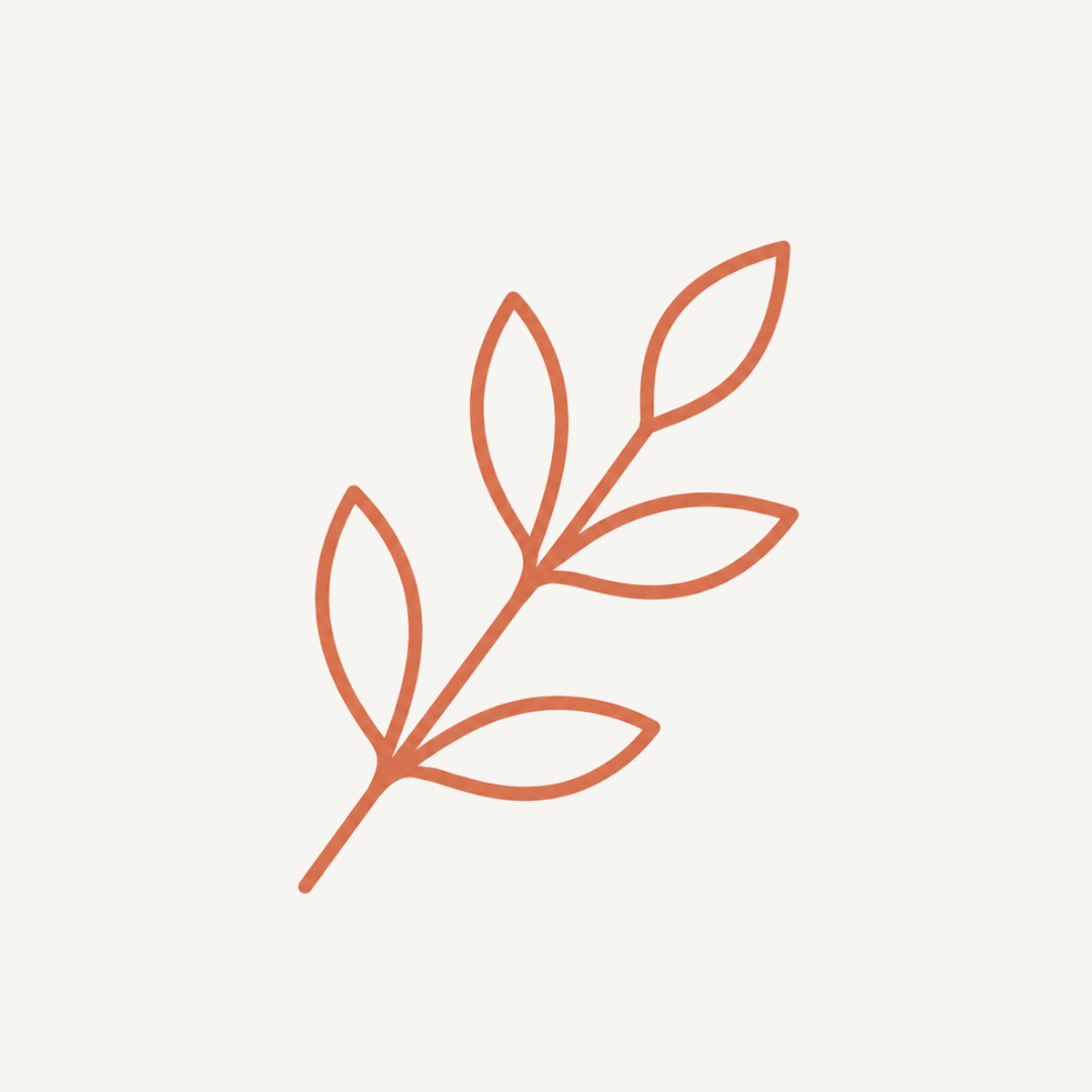 A minimalist line drawing of a branch with six leaves, rendered in a reddish-brown color on a plain background.