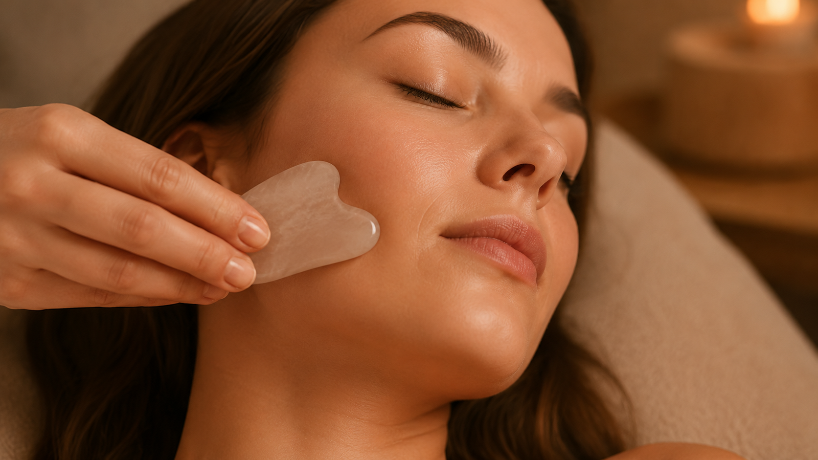 A woman with closed eyes receiving a gua sha lymphatic facial massage