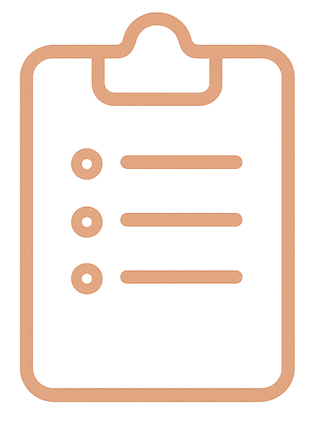 Outline illustration of a clipboard with three bullet points.