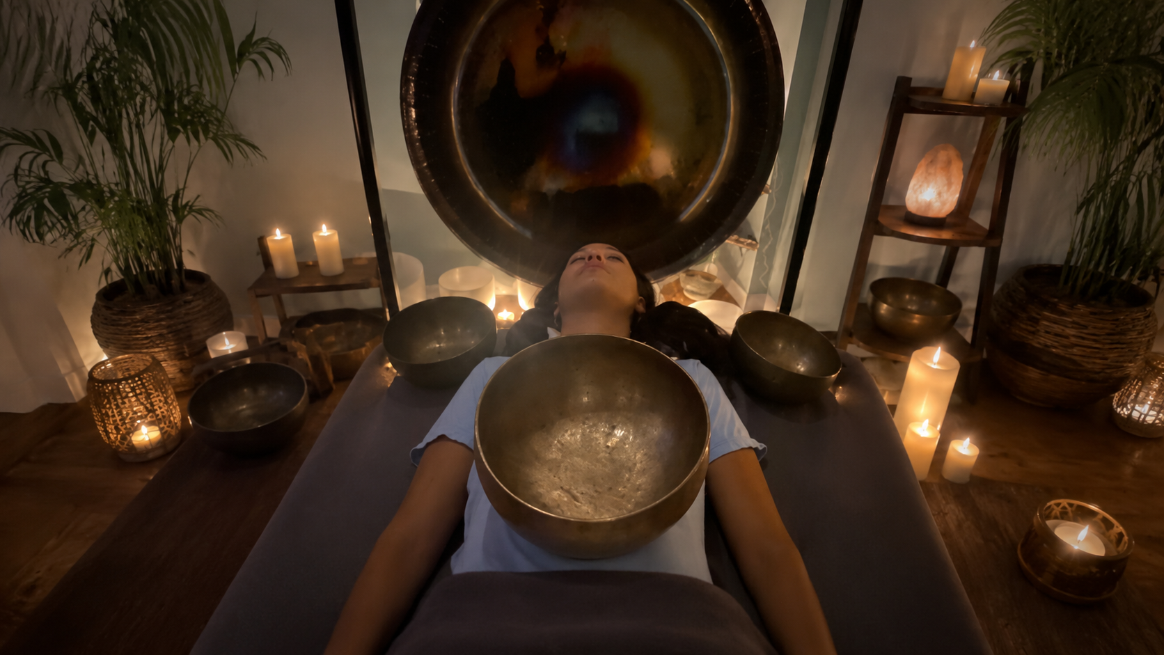 A woman is lying on a massage table with singing bowls placed on her body and around her head, in a dimly lit room decorated with candles and plants, likely during a sound healing session.