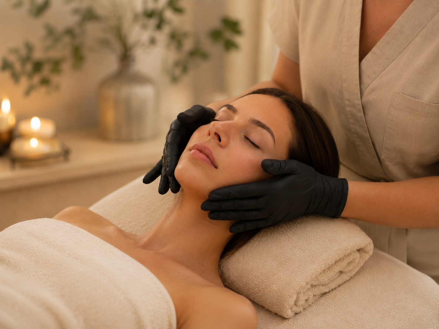 A woman receiving a buccal intraoral massage at a spa, lying on a treatment table with a towel over her chest. A spa professional wearing black gloves gently massages her face with both hands. The background shows candles and a potted plant.