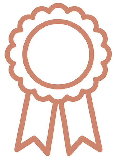 Outline of a rosette or award ribbon with a central round area and two hanging ribbon tails.