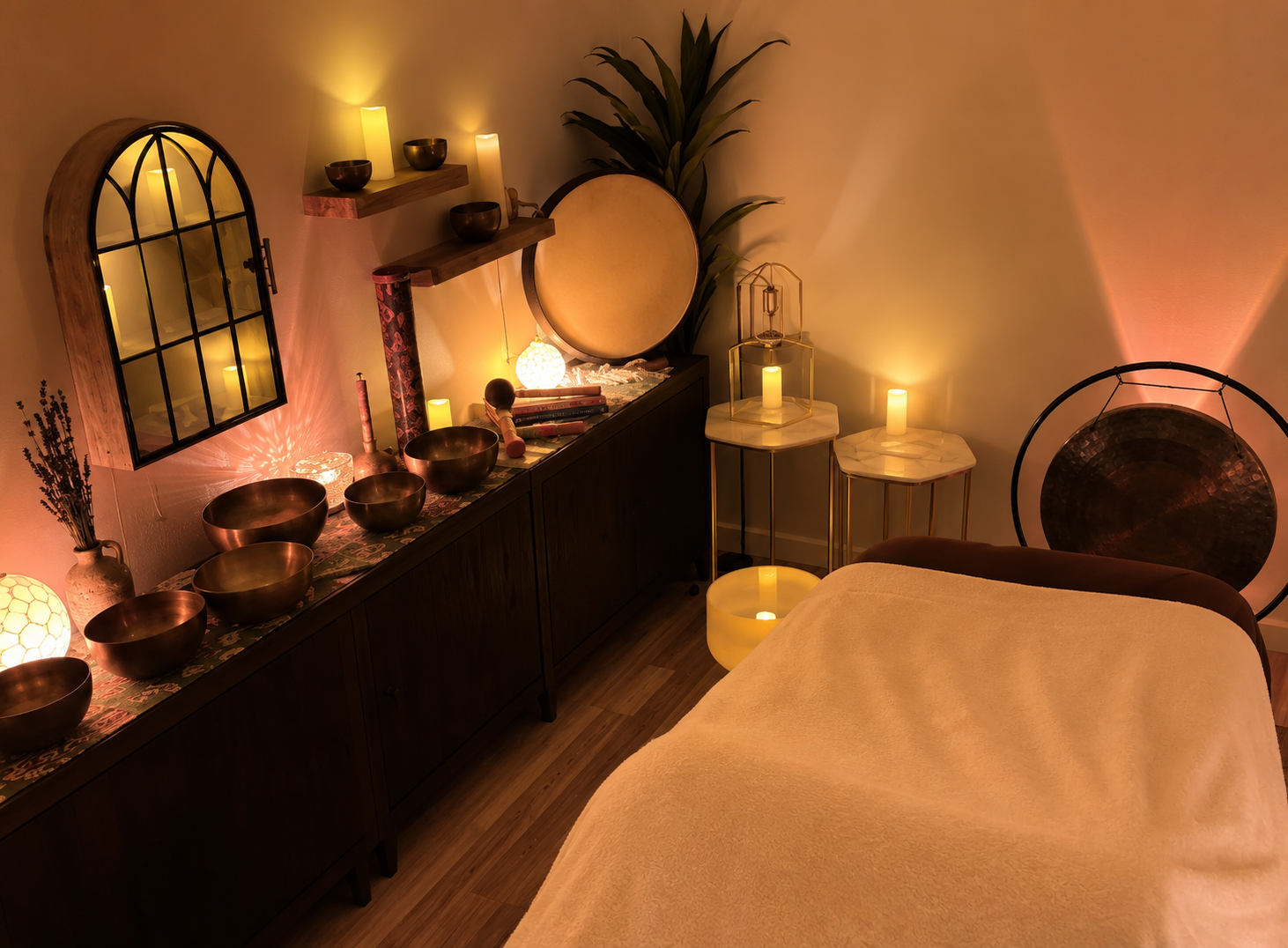 A cozy massage room decorated with candles, bowls, and a gurgling bowl, creating a relaxing atmosphere.