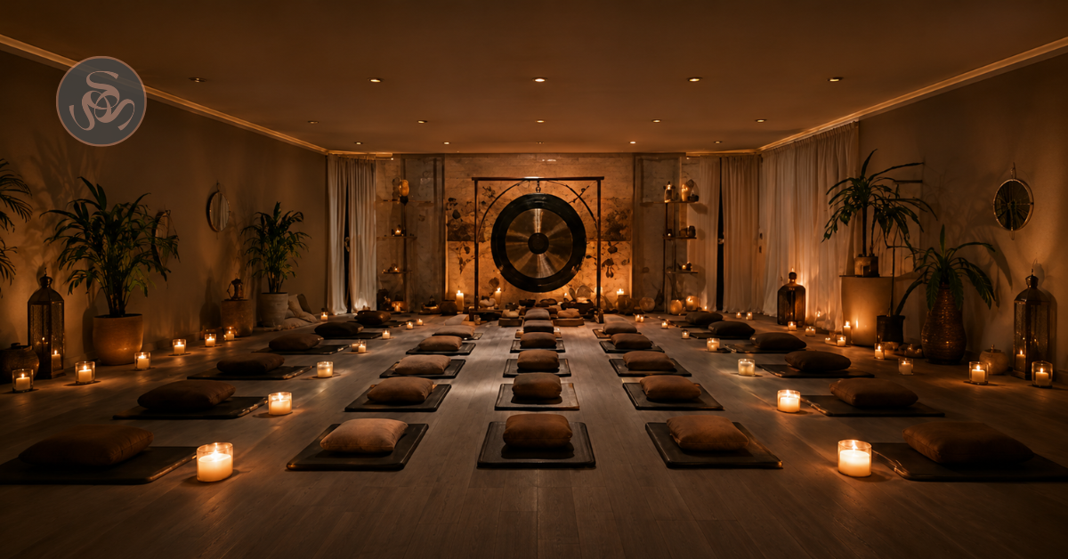 A dimly lit sound immersion studio with mats and cushions arranged in rows on the floor, candles along the edges, and a large gong on the back wall.