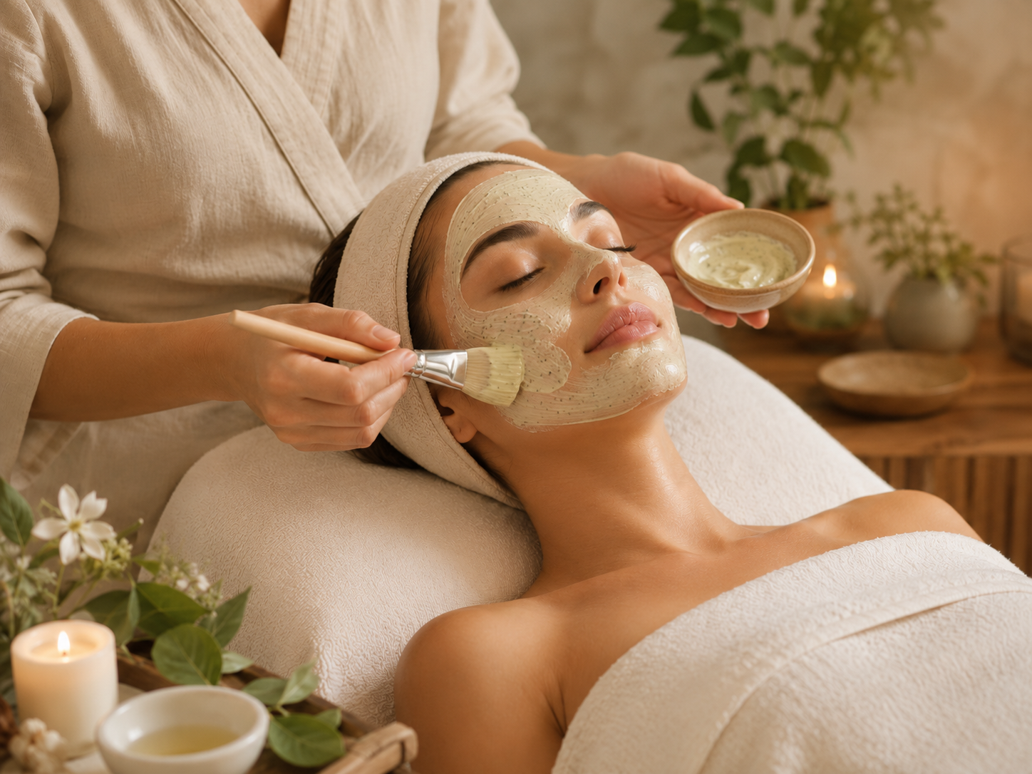 A woman relaxing with a facial mask in a spa, receiving a botanical restorative facial treatment from a spa technician, with candles and plants in the background.