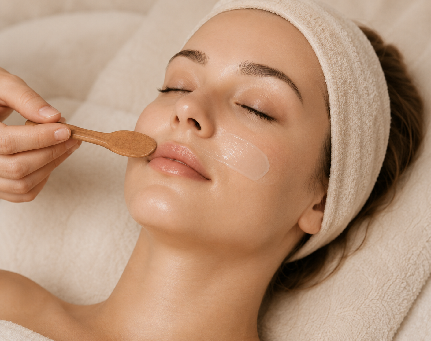 Woman receiving a facial treatment with a skincare product on her cheek, applied using a wooden spatula, while lying down with a headband holding her hair back.