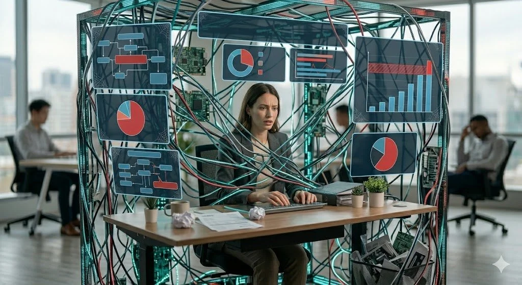 A woman working at a cluttered desk surrounded by a tangled network of cables and multiple screens displaying charts and graphs, with two people working in the background of a modern office.