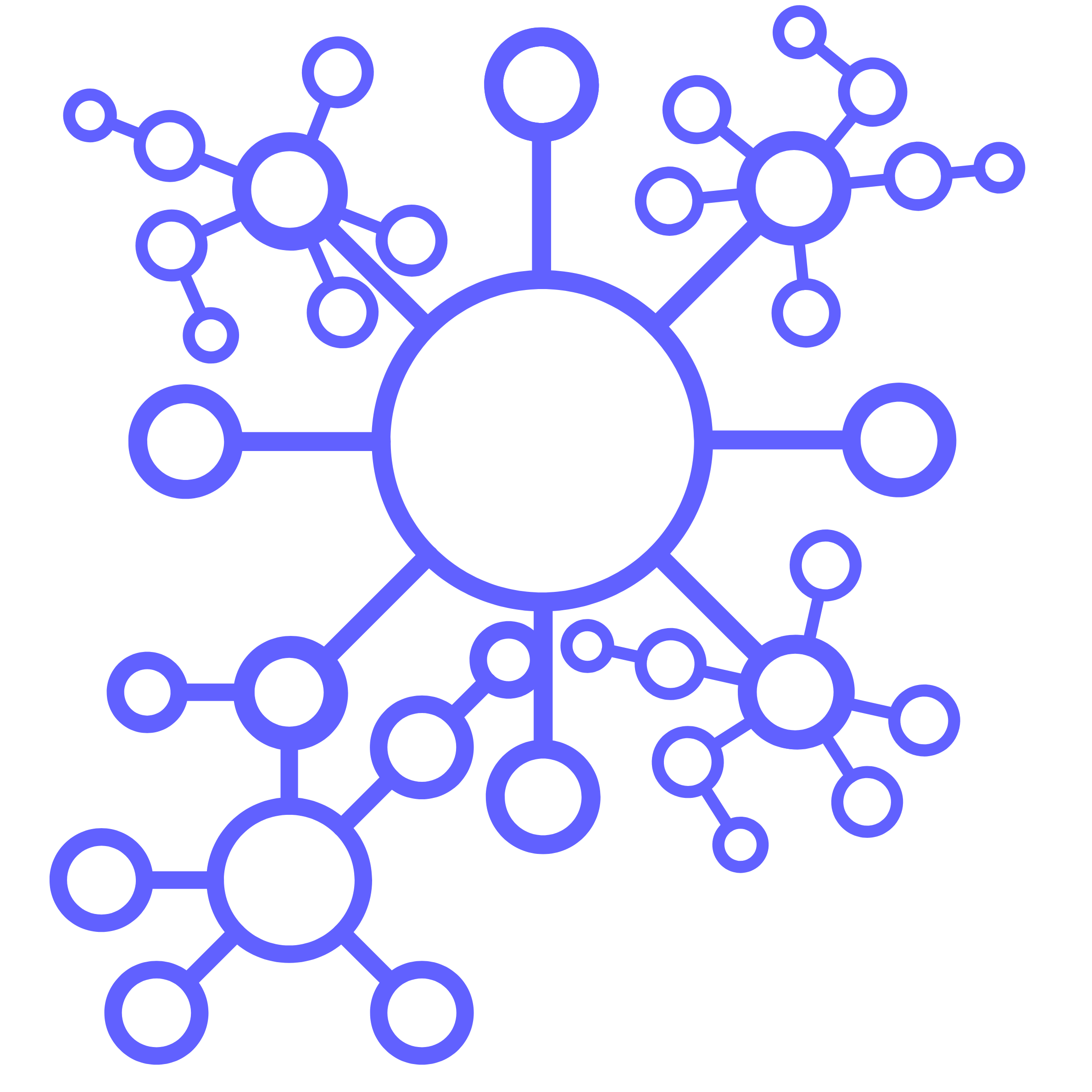 A digital illustration of a network or molecule with interconnected circles and lines, primarily in shades of blue.