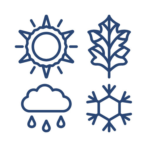 Sun, Leaf, Rain and snow icons representing the different seasons of the year.