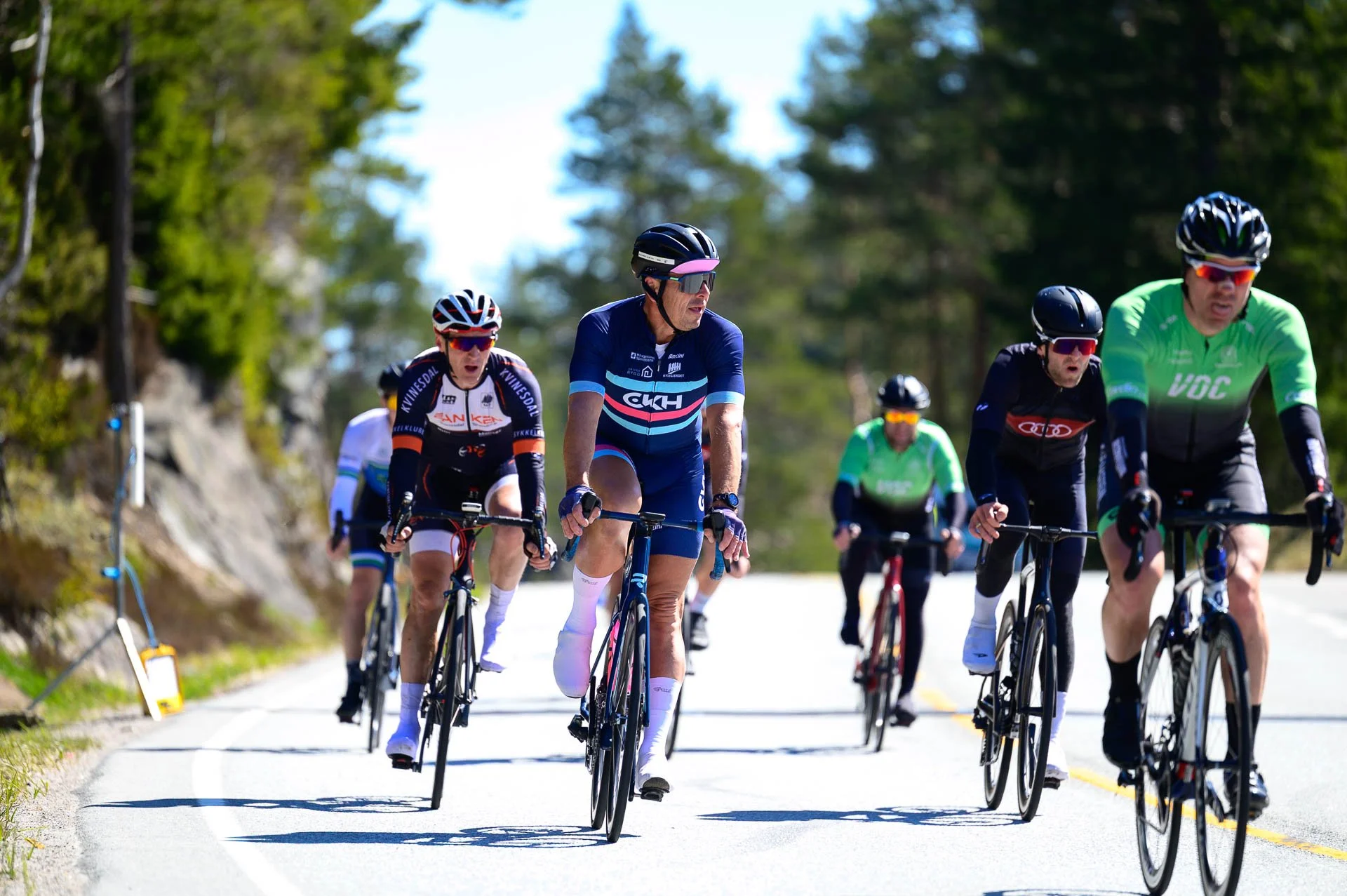 Sykkelritt med flere syklister som sykler opp en bakke på en landevei, omgitt av trær.
