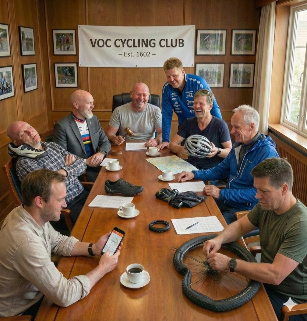 Gruppemedlemmer i VOC Cycling Club møter i et møterom, noen ler, noen har sykler og utstyr på bordet, og det er et banner som sier 'VOC Cycling Club - Est. 1602' på veggen.