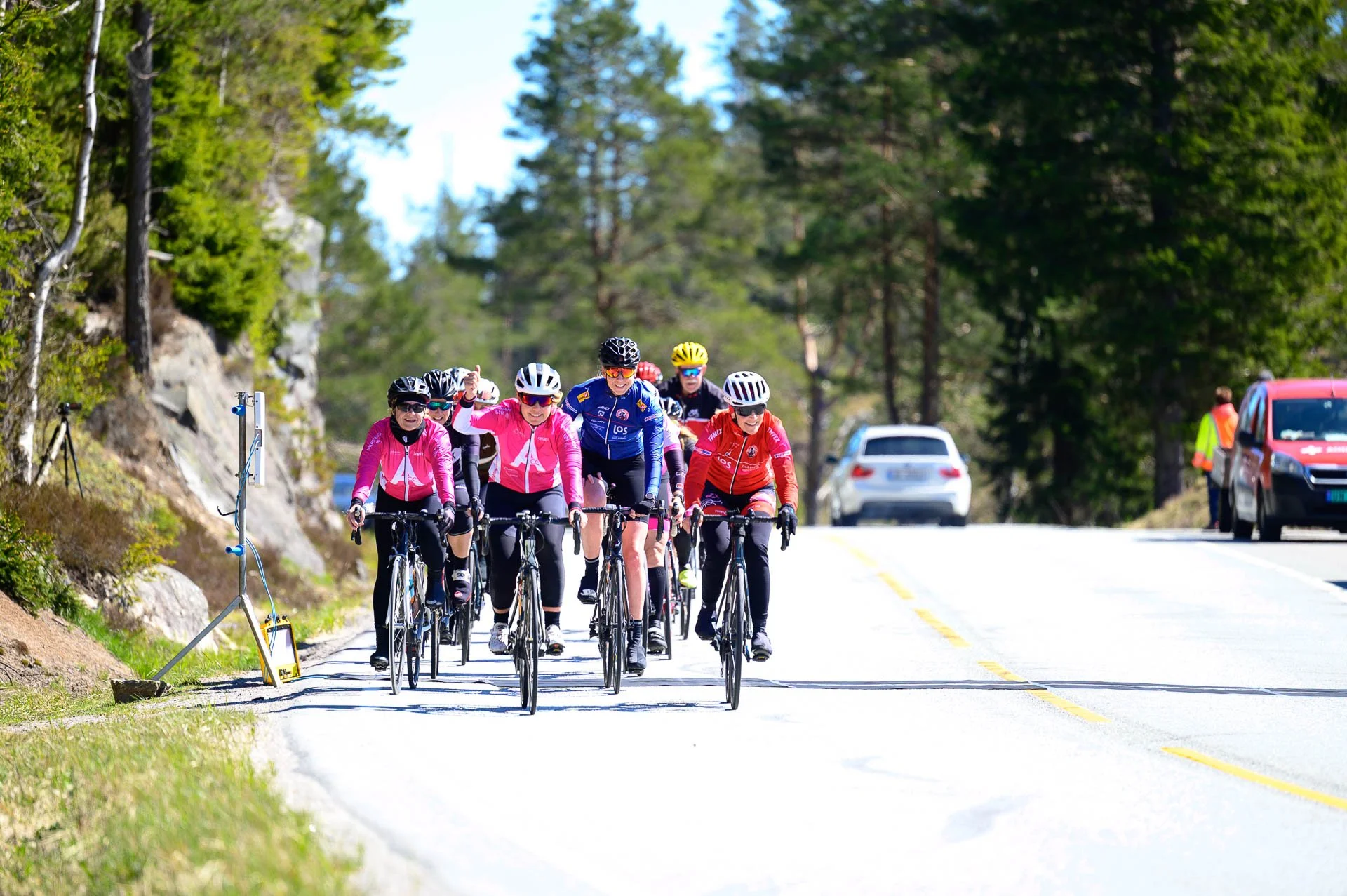 Syklister på landevei omgitt av trær, deltar i sykkelritt, med biler på veien, under solfylt dag.