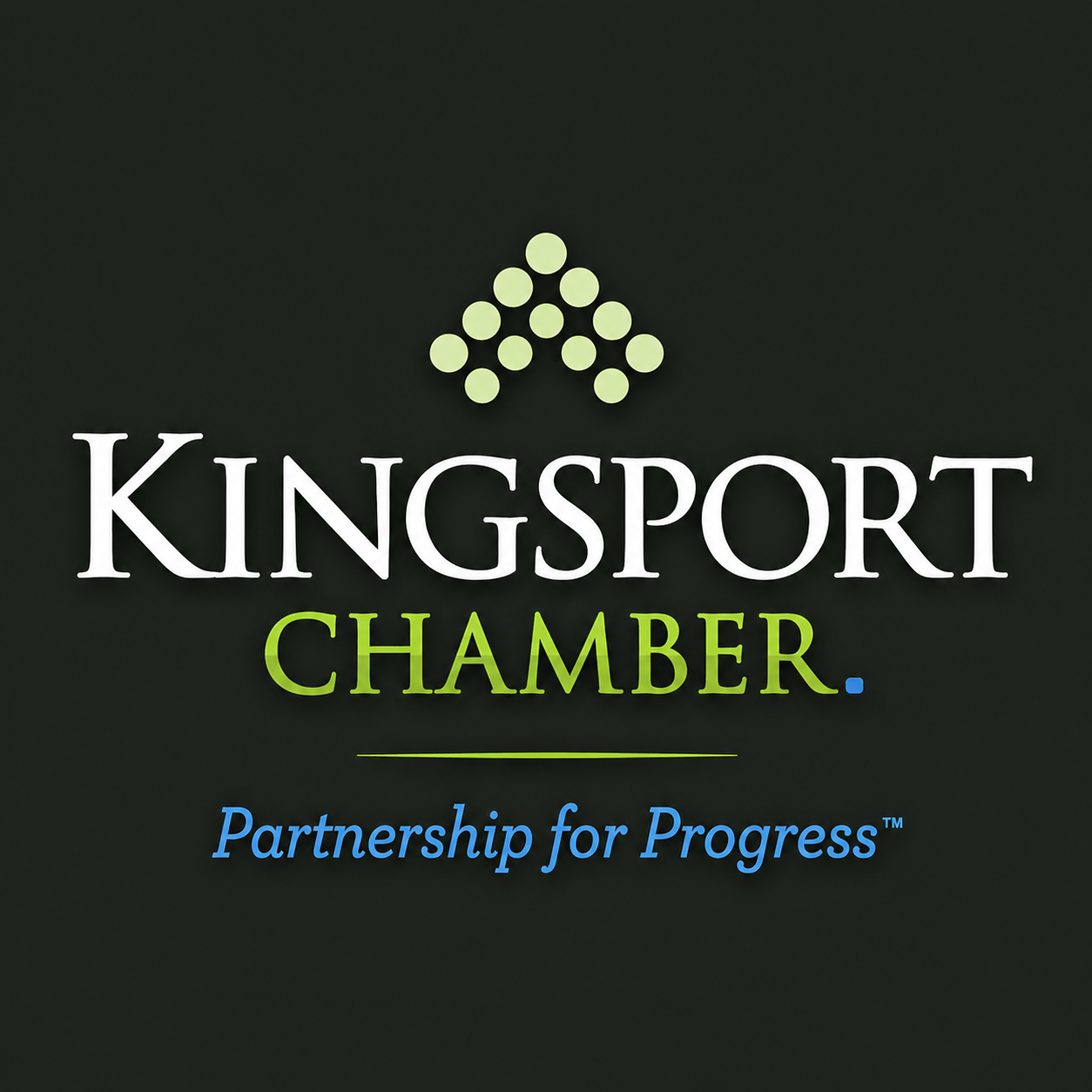 Logo for Kingsport Chamber with green and white text, blue tagline, and a geometric symbol above.