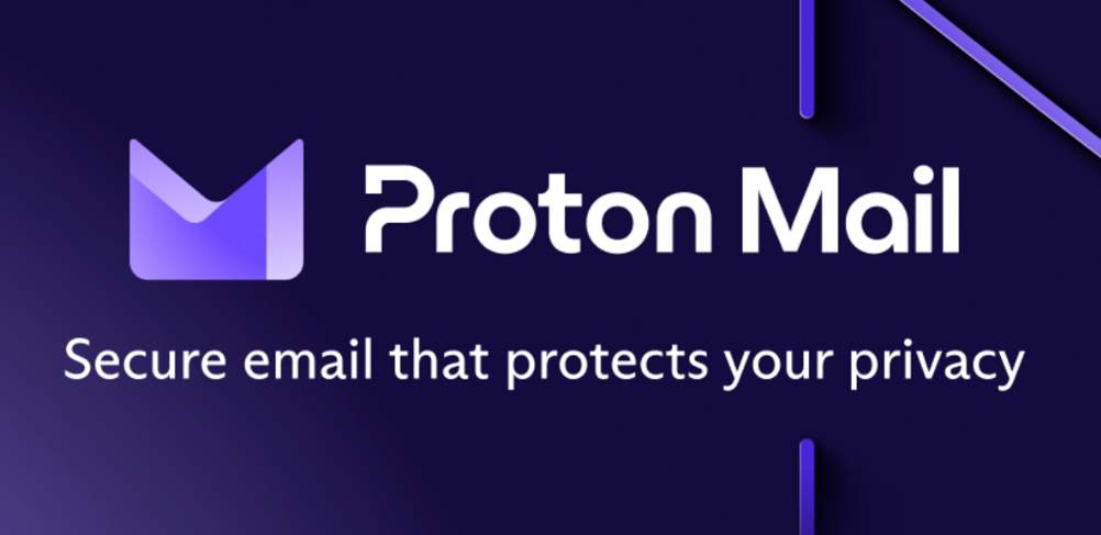 Proton Mail Logo, a secure private email service, on a multicolored purple background with white text.