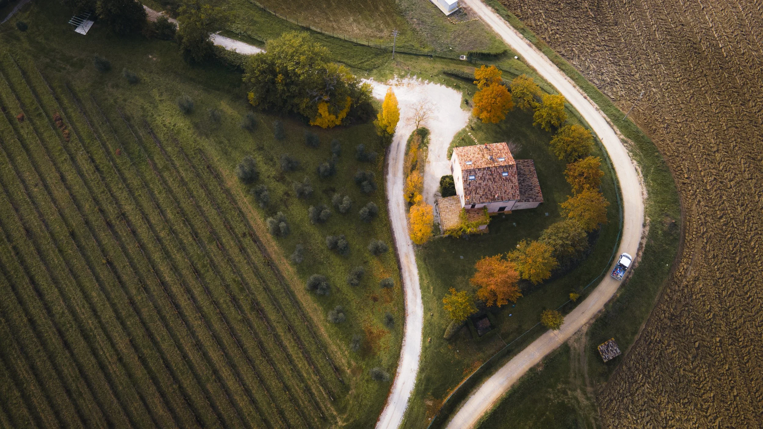 An aerial view of a farm with a house, surrounded by a circular dirt driveway, trees with fall foliage, cultivated fields to the left and right, and a small shed near the driveway.