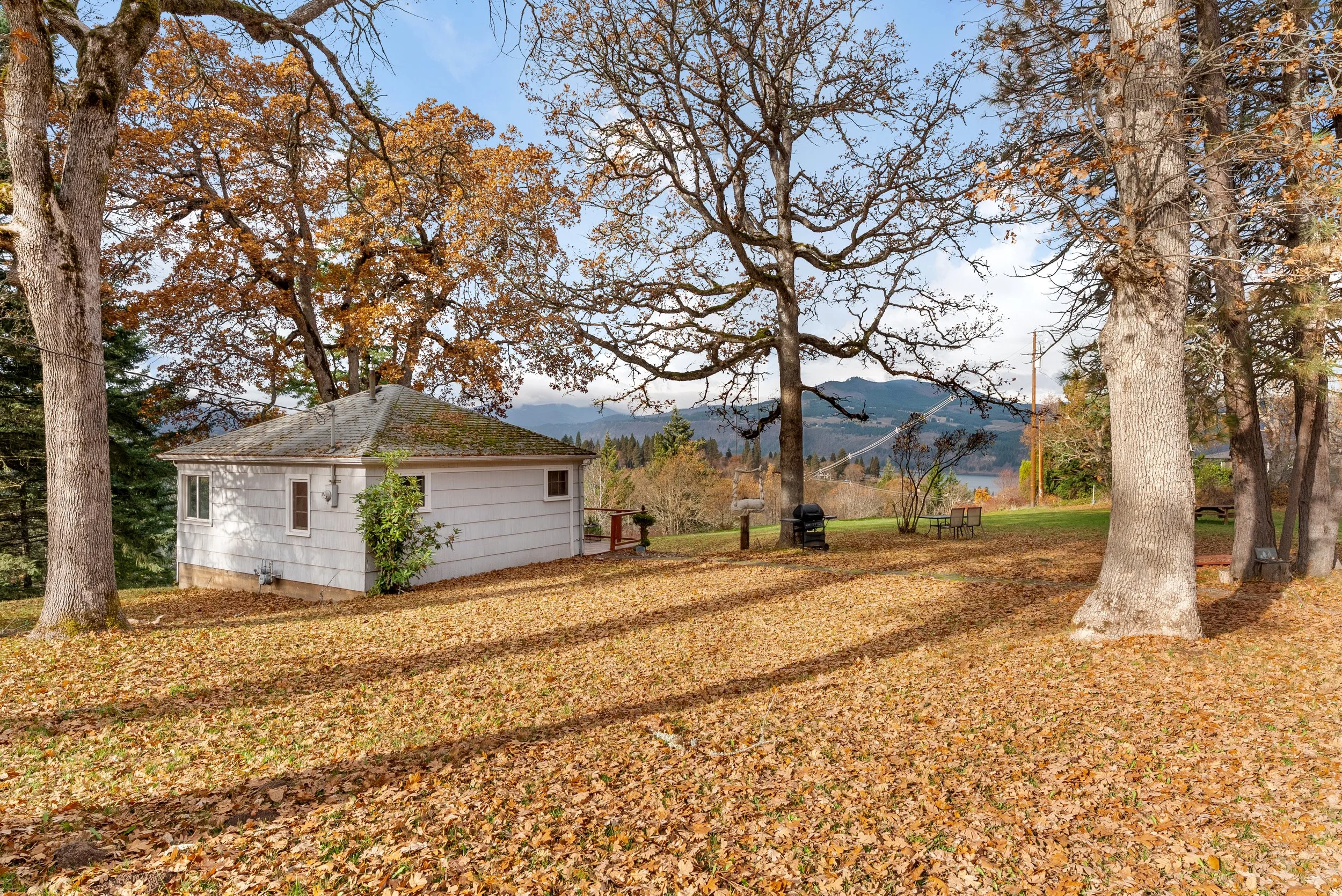 A backyard scene during fall with fallen leaves covering the ground, several large bare and partly leaf-covered trees, a small white house, a barbecue grill, and a picnic table. Mountains and a partly cloudy sky are visible in the background.