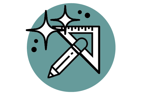 Graphic of a pencil, ruler, and compass inside a circle with sparkles, representing design or creativity tools.