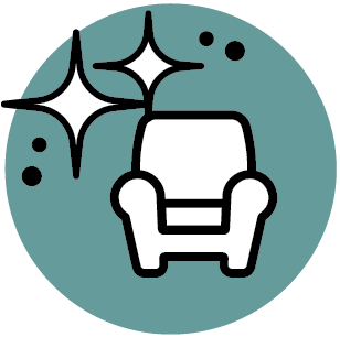 A simple line drawing of an armchair with two sparkling stars and some small dots around it, set against a teal circular background.