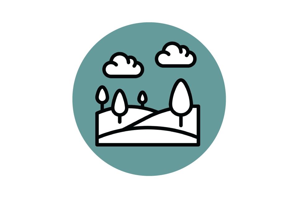 A simple illustration of a landscape with rolling hills, trees, and two clouds in the sky.