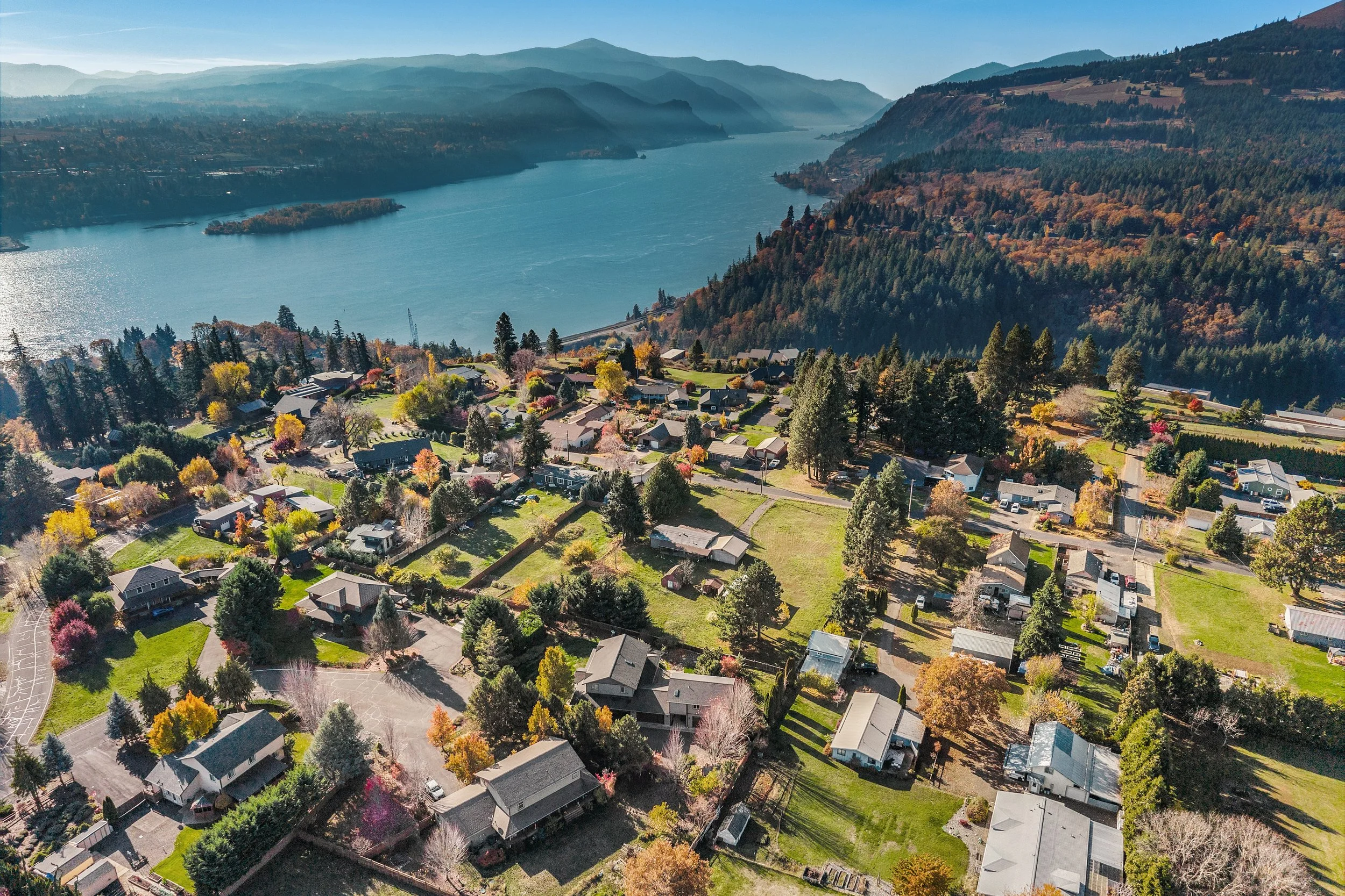 Aerial view of a rural neighborhood by a large lake, surrounded by forested hills and mountains in the background, with houses, trees, and open grassy areas.