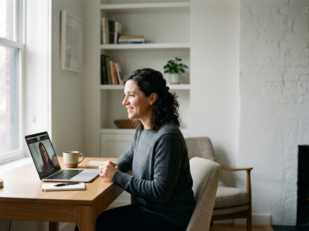 Woman smiling during a video call on her laptop at a wooden desk in a well-lit room with bookshelves and a white brick wall.