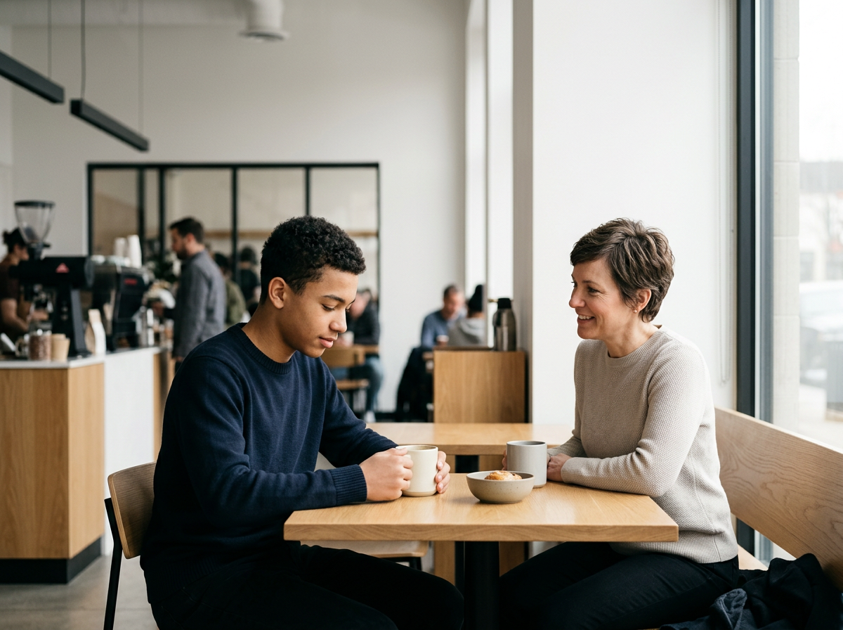 A woman and a teenage boy sit at a table in a coffee shop, smiling and holding coffee mugs, with a bowl of pastry between them.