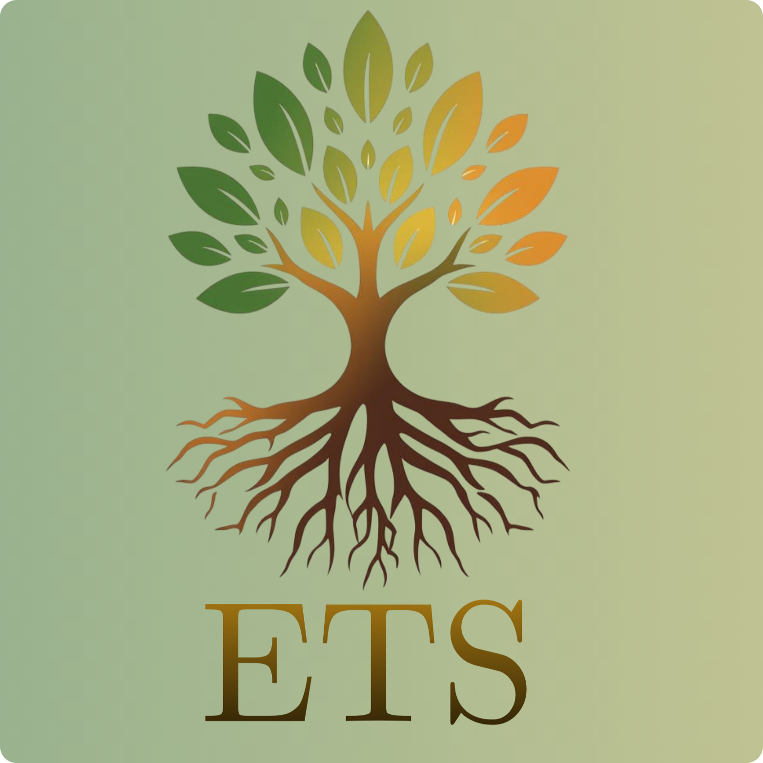 A logo of a tree with green, yellow, and orange leaves and brown roots on a light green background, with the letters ETs beneath the tree.